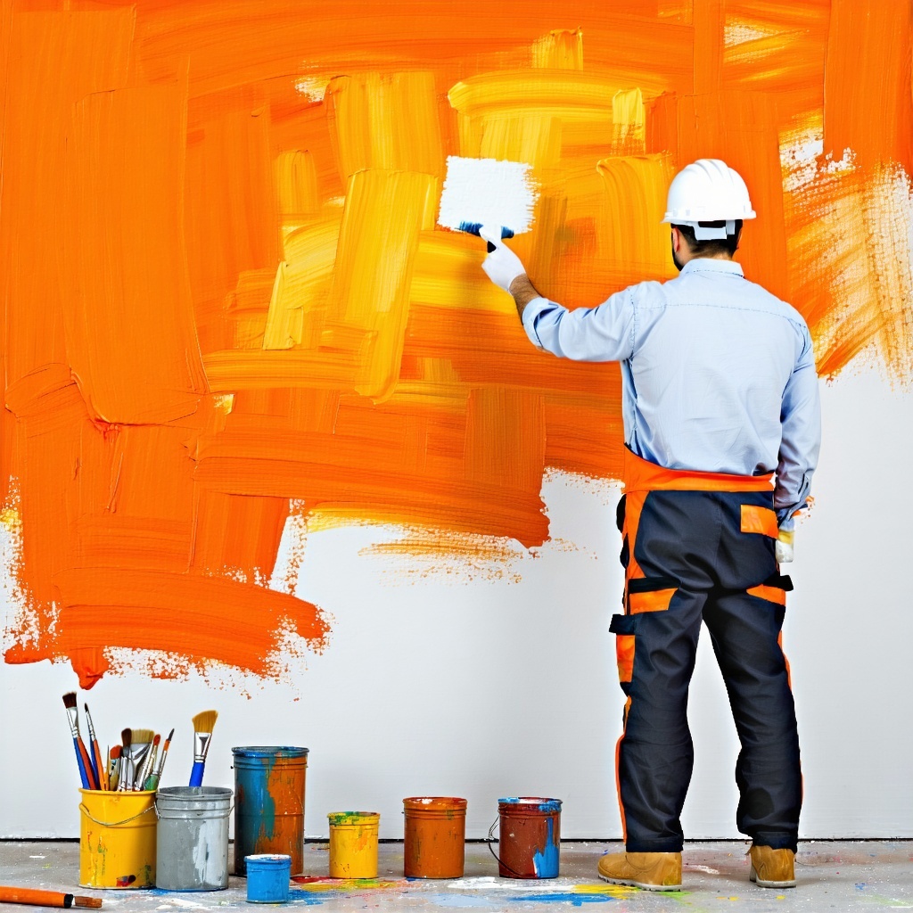 Pintor de obra pintando pared color naranja