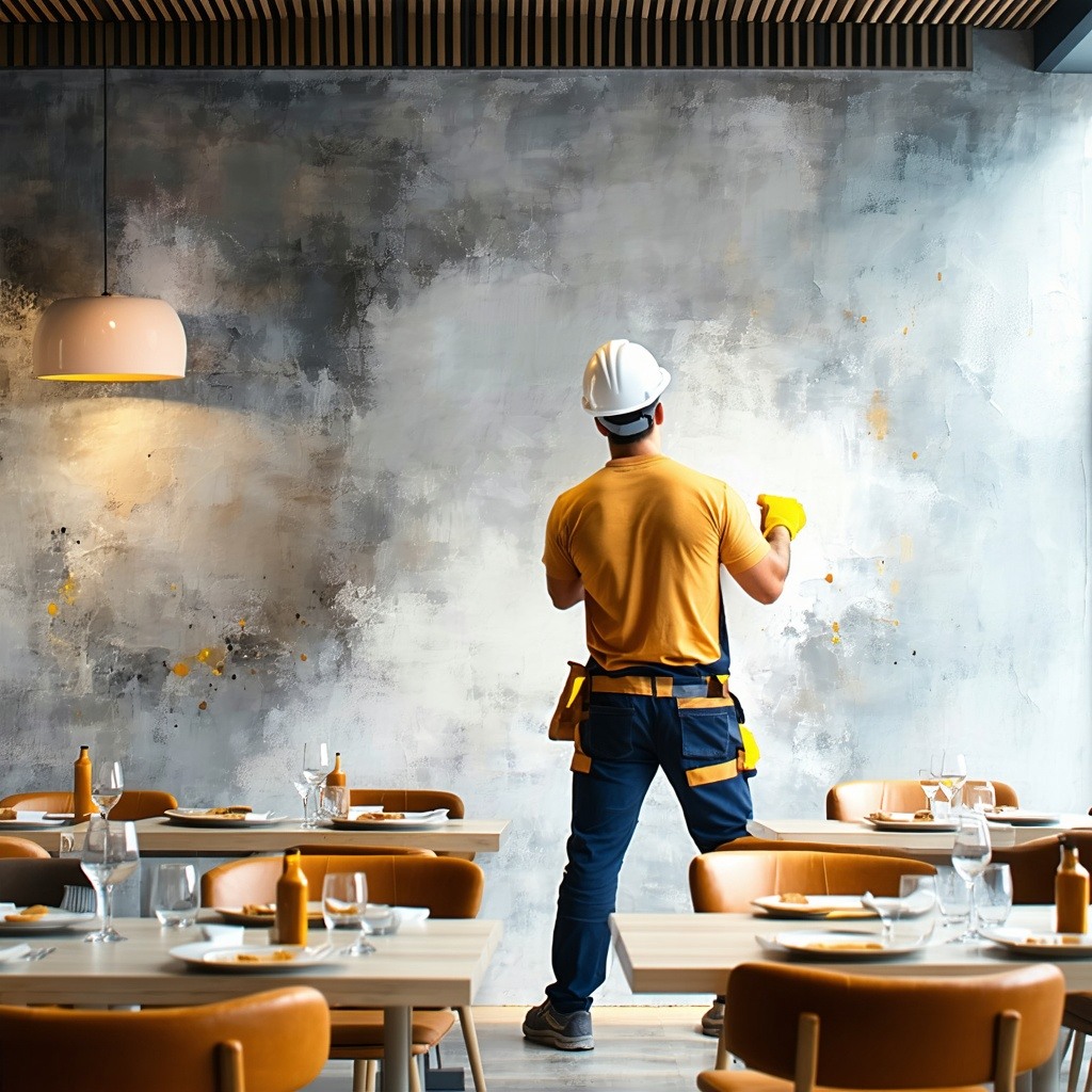 trabajador de construccion pintando pared de restaurante