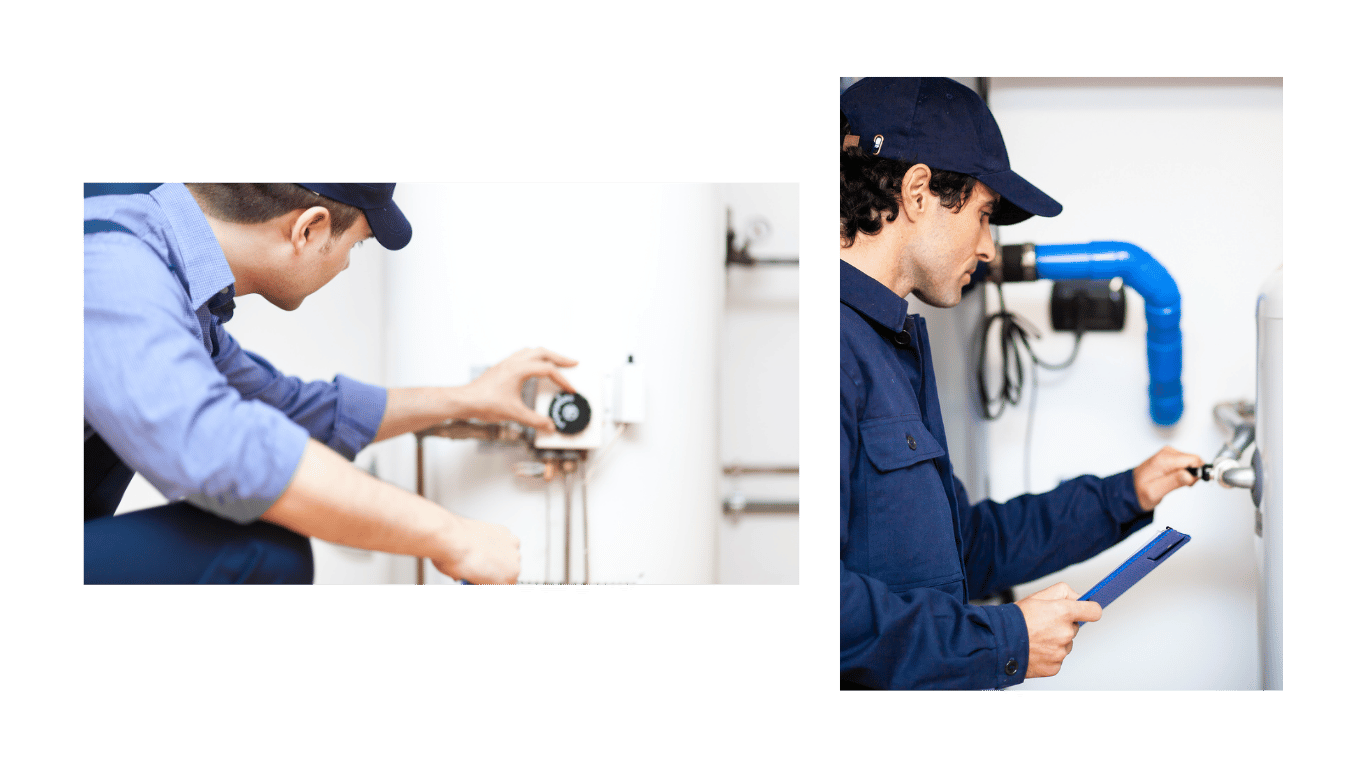 Técnicos trabajando en la instalación y reparación de calentadores de agua. Uno ajusta los controles de un calentador y el otro inspecciona las conexiones de tuberías.