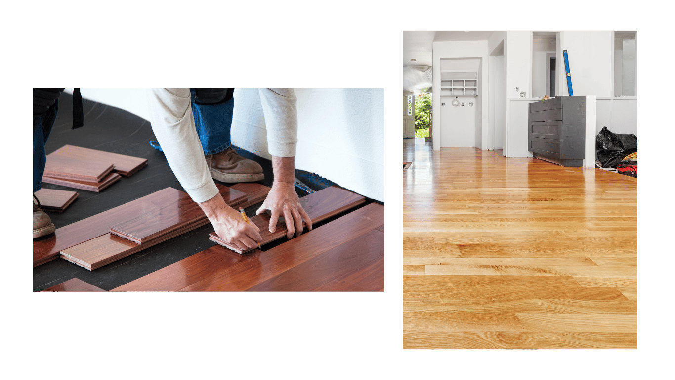 Proceso de instalación de pisos de madera: un profesional colocando tablones de madera en un hogar, asegurando un acabado perfecto y duradero.