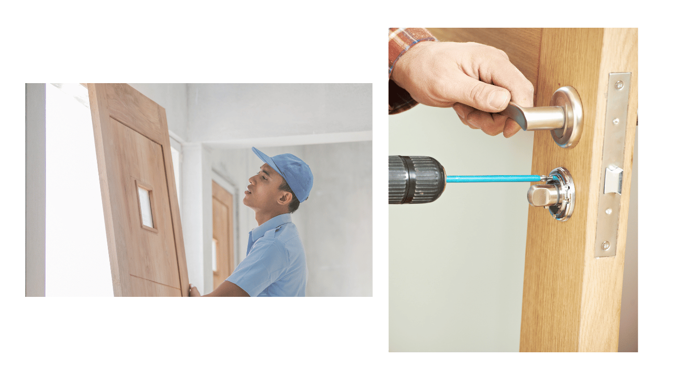 Profesionales instalando puertas: uno ajustando una puerta de madera en su marco, y otro instalando una cerradura con un taladro para asegurar un montaje preciso y duradero.