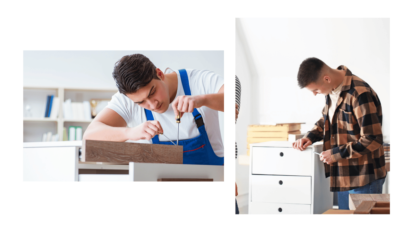 Dos profesionales montando muebles: uno en uniforme azul ensamblando un mueble con un destornillador, y otro en camisa de cuadros ajustando un cajón blanco en un ambiente doméstico.