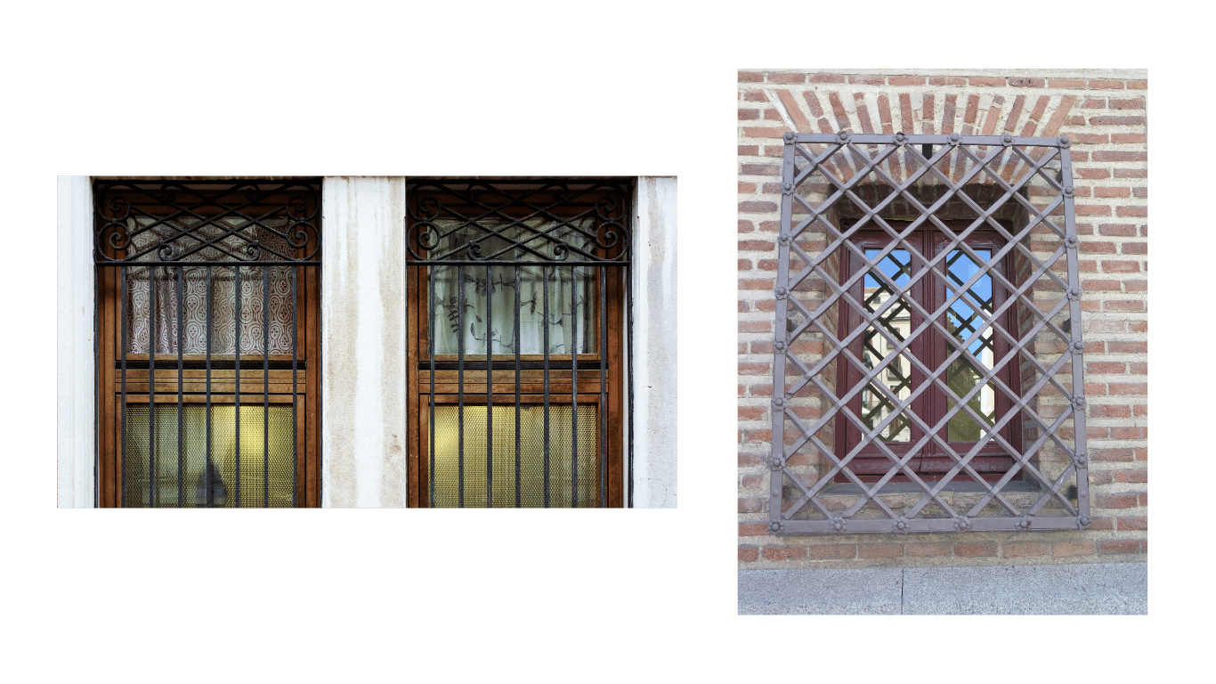 Dos tipos de rejas de seguridad para ventanas. A la izquierda, una ventana con rejas horizontales y verticales de metal decorativo, con detalles en la parte superior. A la derecha, una ventana con rejas de seguridad de metal en forma de rombos, instalada en una pared de ladrillo.