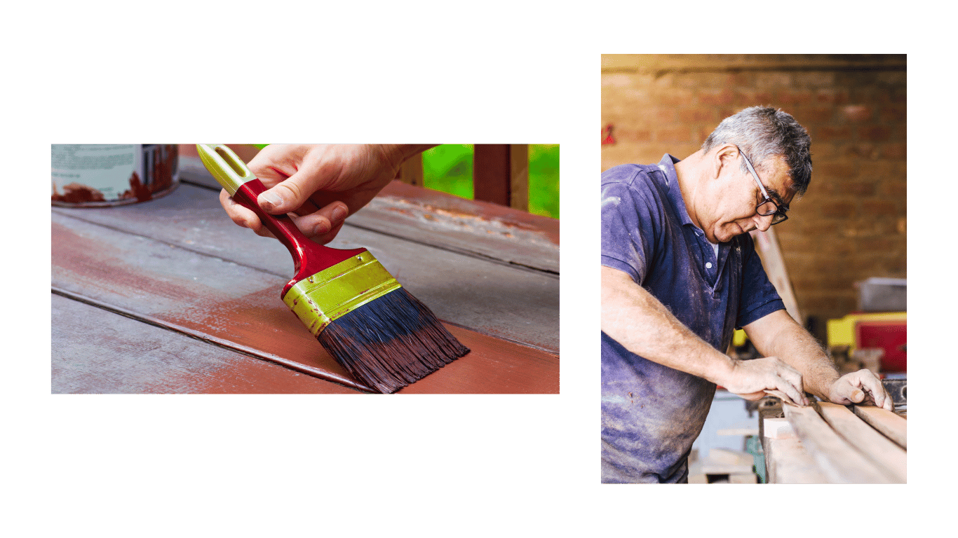 Profesional realizando reparaciones de carpintería: aplicando barniz a una superficie de madera y ajustando piezas en un taller, destacando la atención al detalle y la precisión en el trabajo.