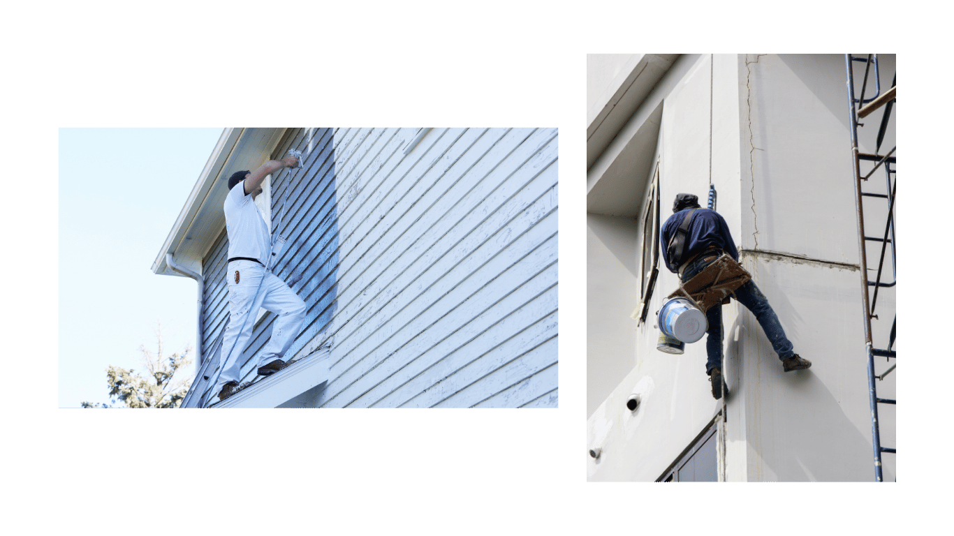 Dos pintores trabajando en proyectos de pintura exterior. El primer pintor está pintando una casa de madera desde una escalera, mientras que el segundo pintor realiza trabajos en altura, colgado de cuerdas en un edificio alto, con un balde de pintura a su lado.