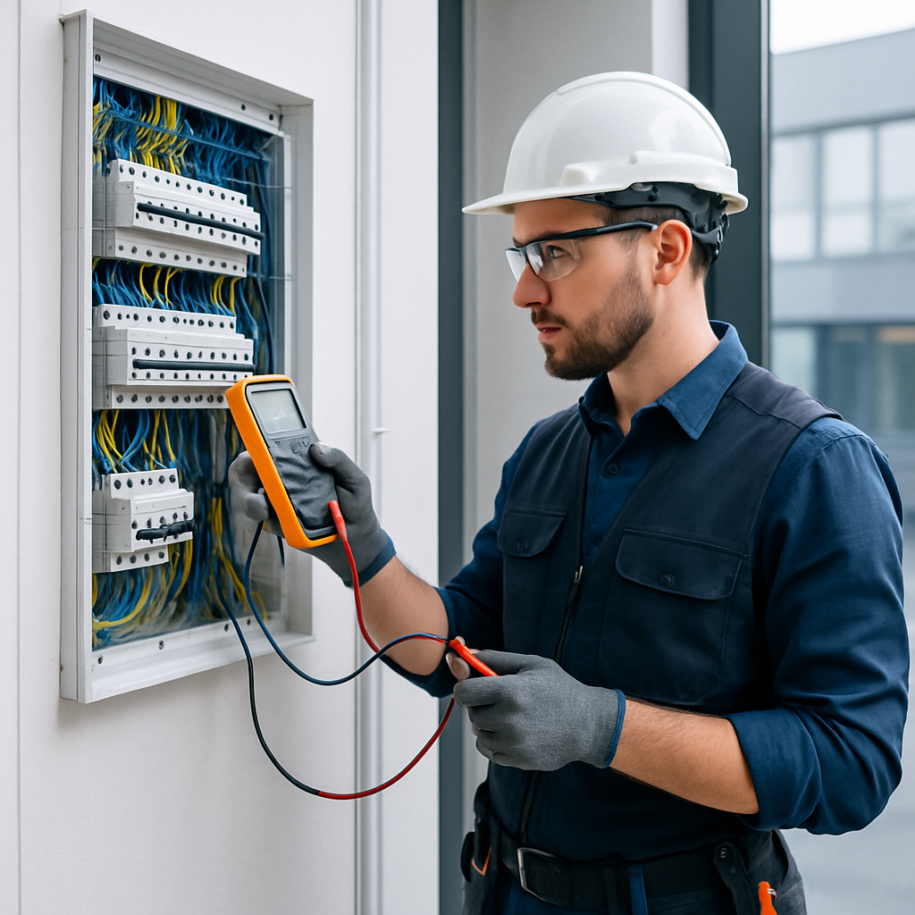 man working on electrical in a business