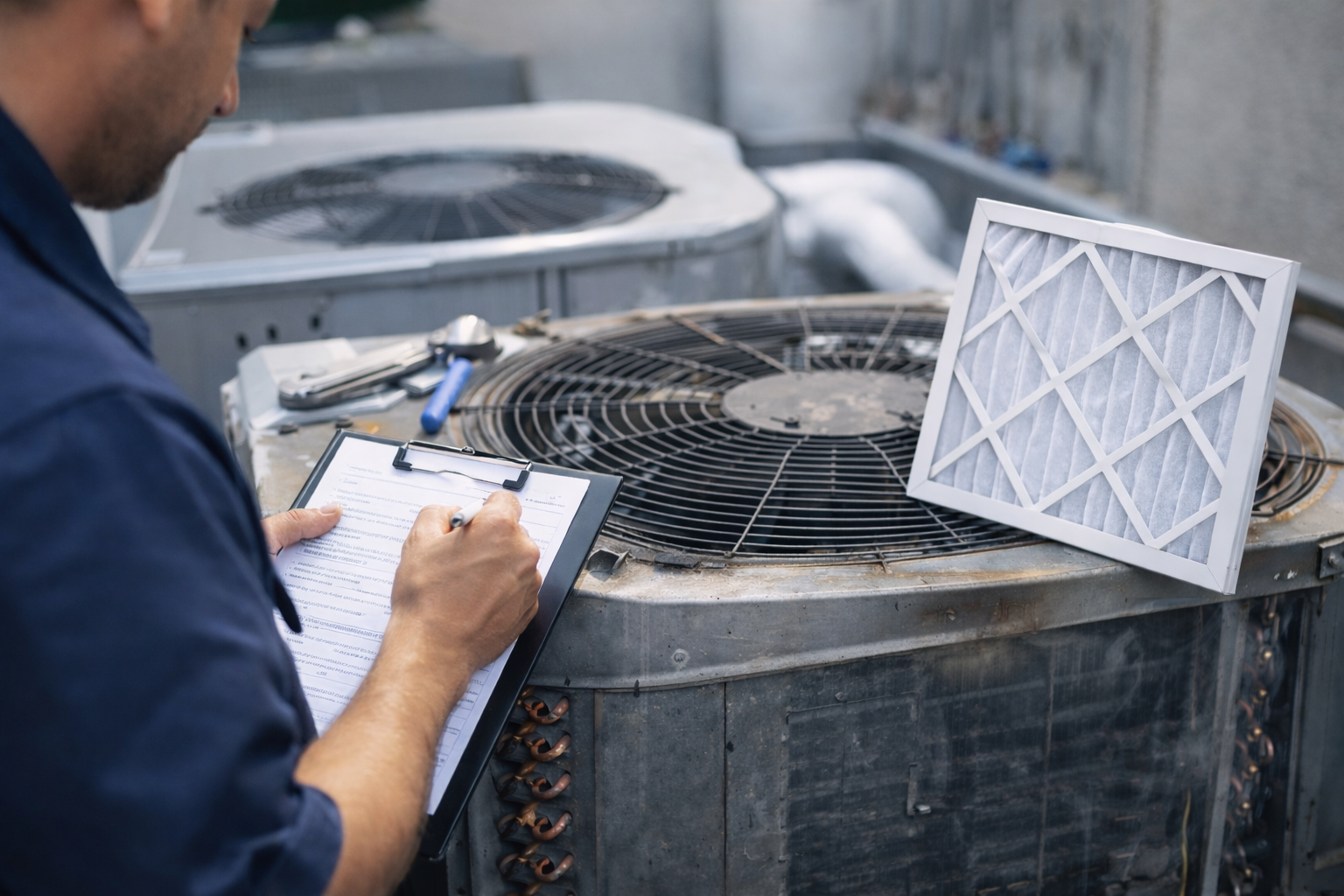 Revisión profesional de condensadora HVAC con inspección de componentes y sustitución de filtro de aire.